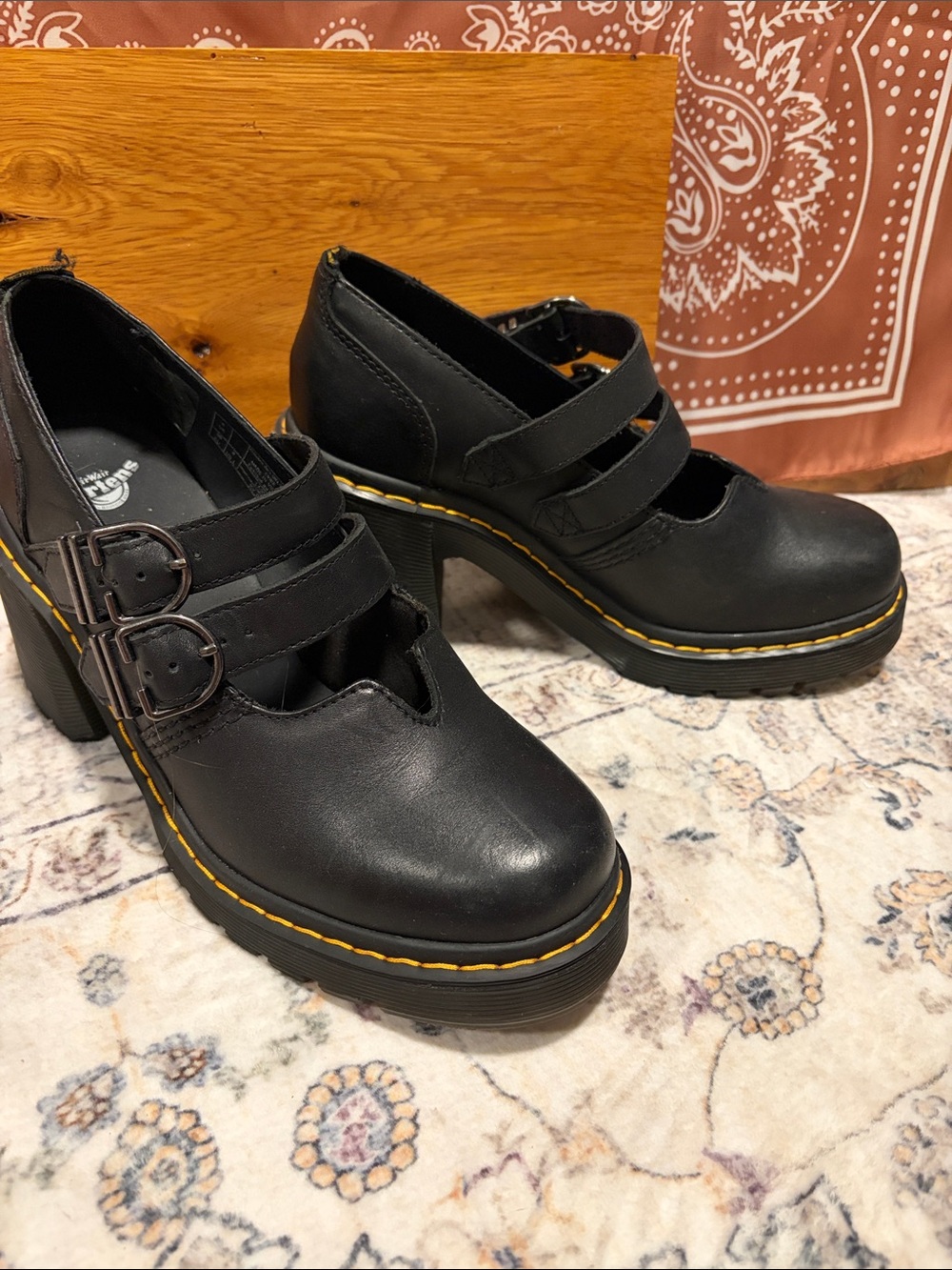 Dr. Martens Black Leather Double-Strap Platform Mary Janes with Yellow Welt